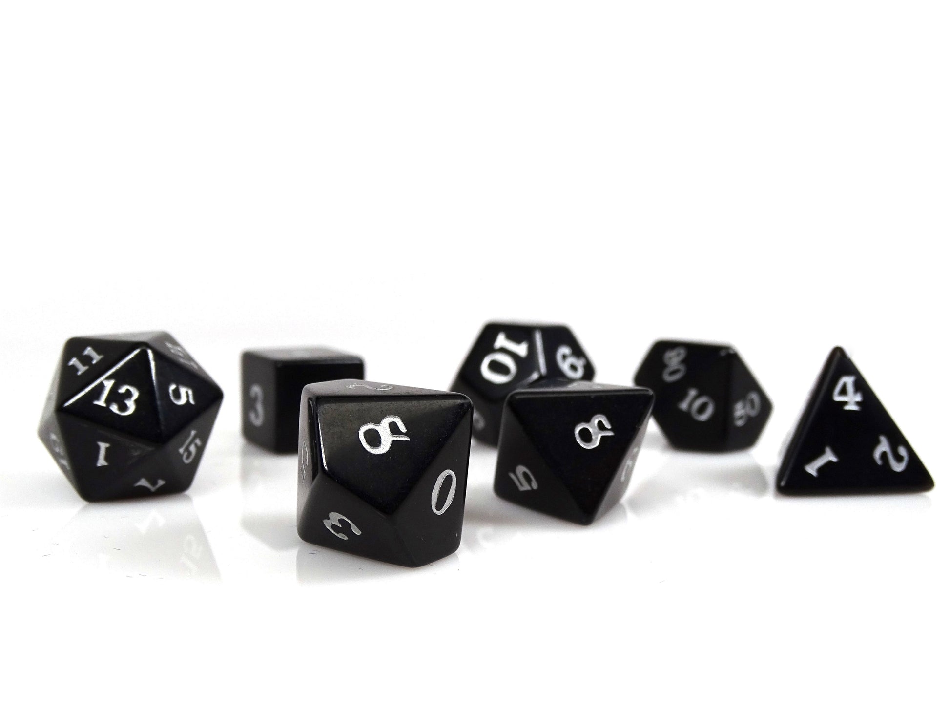 Black Obsidian Dice Set - Silver Signature Font