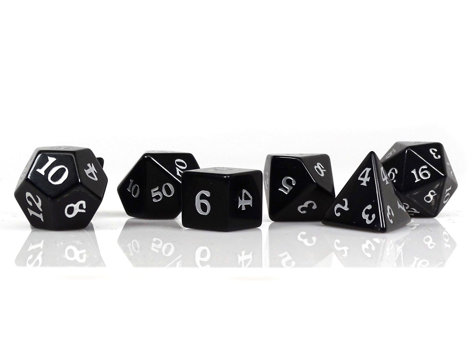 Black Obsidian Dice Set - Silver Signature Font