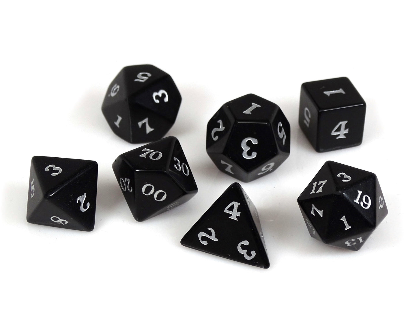 Black Obsidian Dice Set - Silver Signature Font