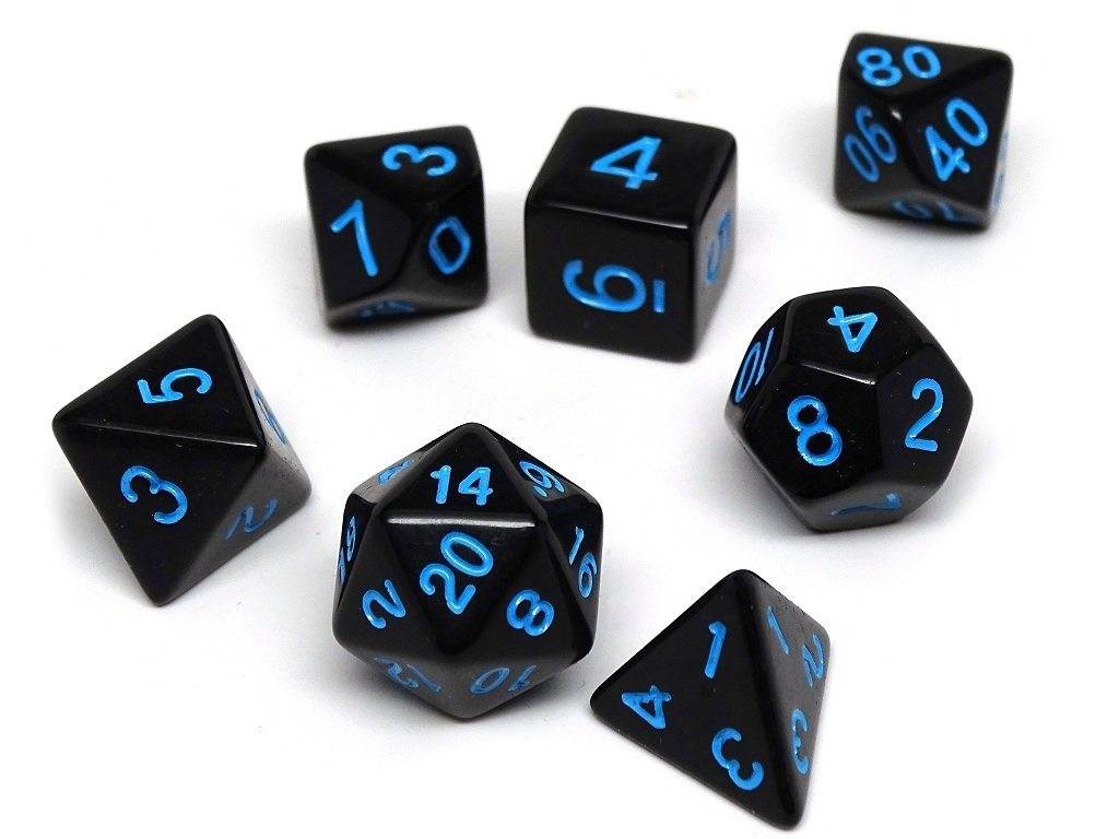 Black Opaque with Blue Numbering Dice Collection - 7 Piece Set - 