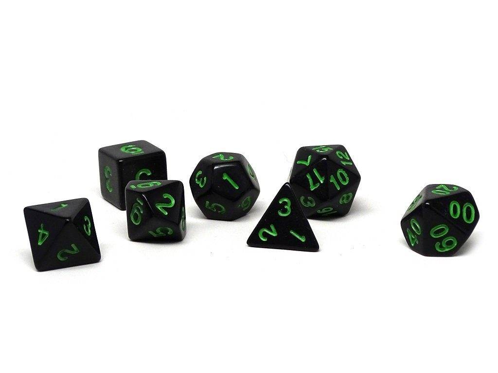 Black Opaque with Green Numbering Dice Collection - 7 Piece Set - 