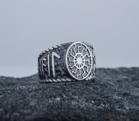Symbole du soleil noir avec bague Viking en argent sterling HAIL ODIN Runes