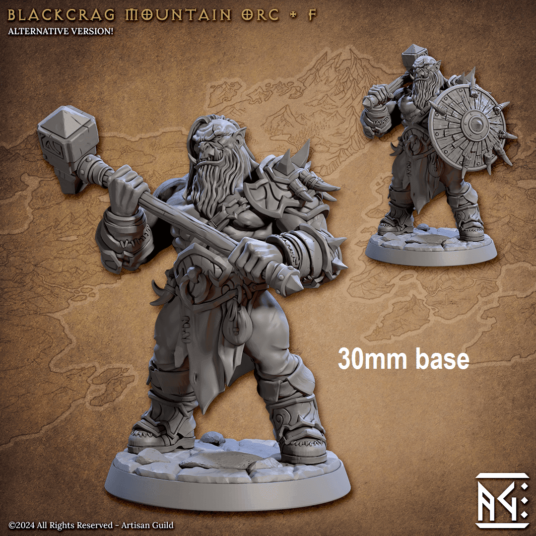 Blackcrag Mountain Orc - Sculpt Option F (Male Orc Barbarian) - With Hair / Hammer & Shield