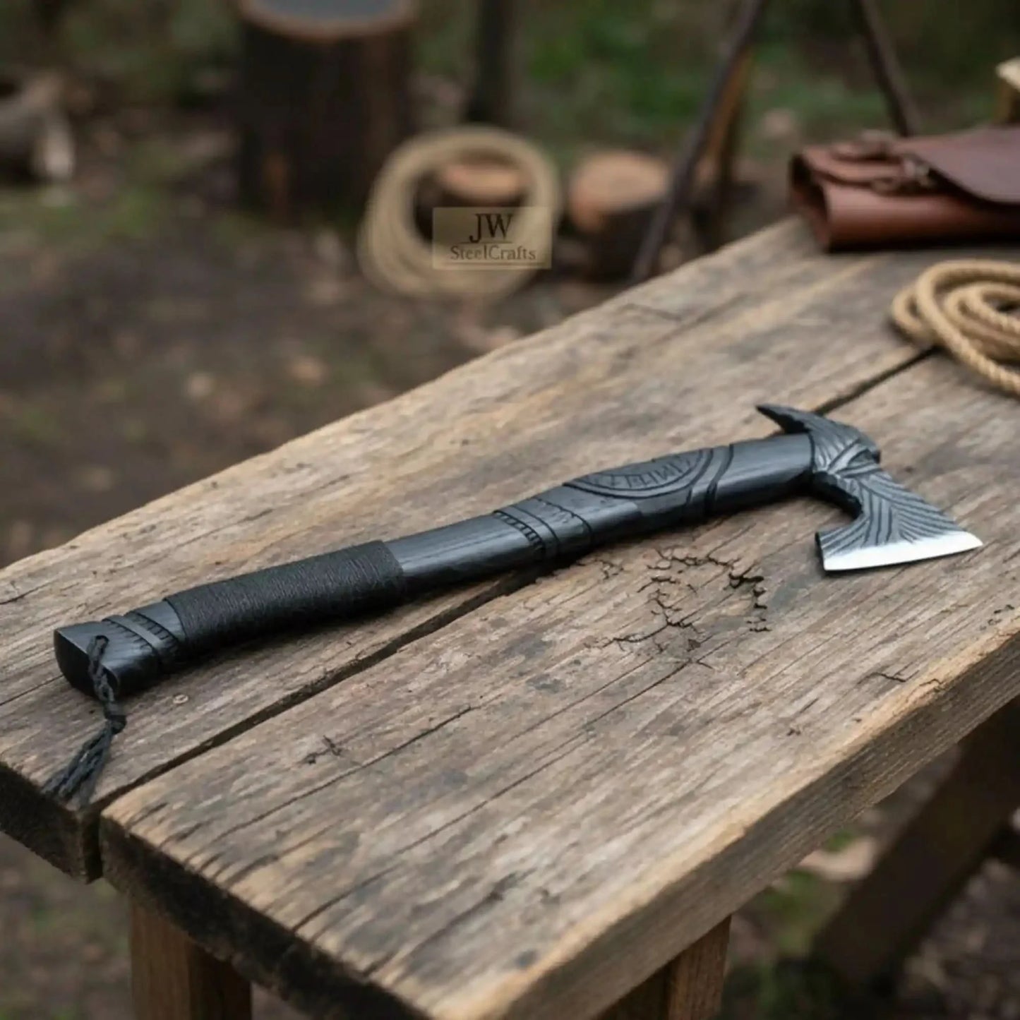 Viking-Style Hand-Carved Battle Axe | Blackened Wood Handle & Leather Sheath