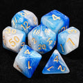 Blue and white swirl acrylic DND dice set + gold font