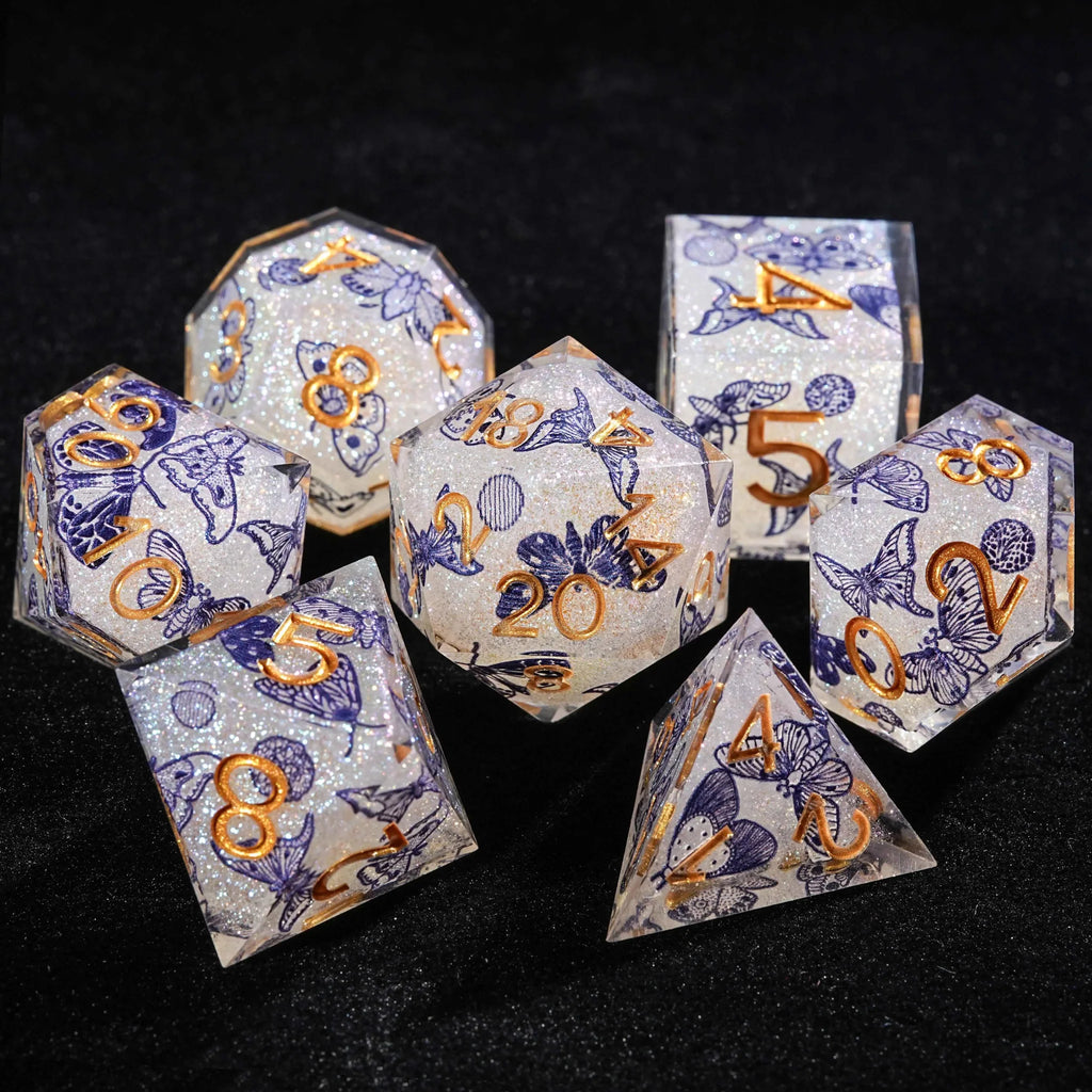 Blue Butterfly Resin DND Dice Set + Gold Font