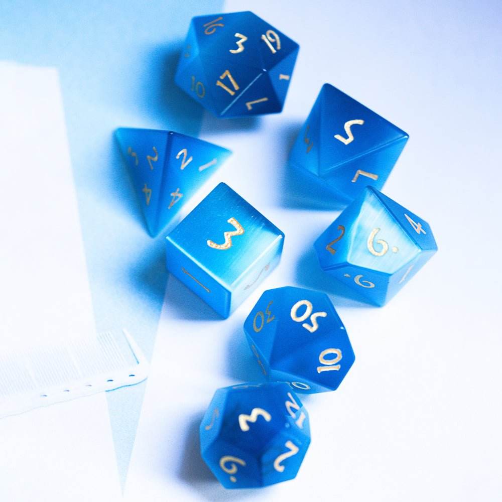 Blue Cat Eye Gemstone Dice Set - 