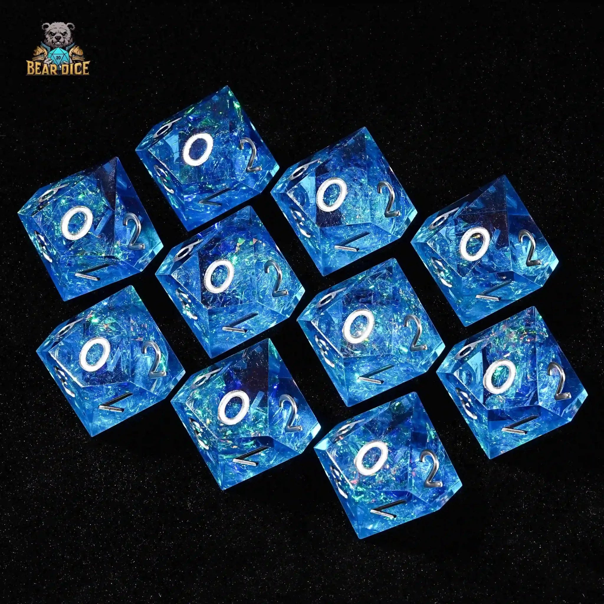 Blue Essence Resin Solid 10 Sided Dice (D10 Dice) - Silver Font