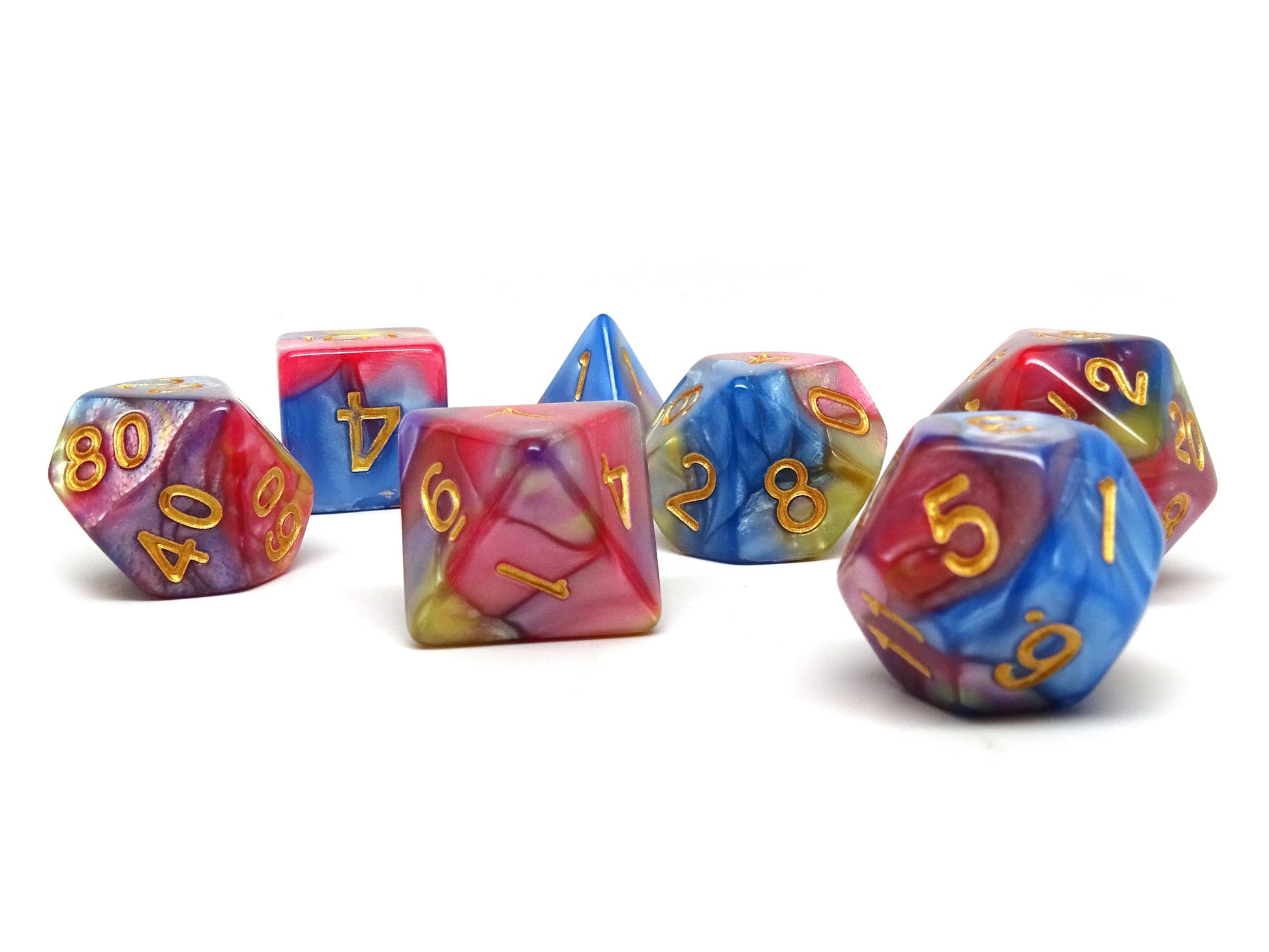 Blue, Pink, and Yellow Marble Dice Collection - 7 Piece Set