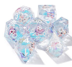 Blue Quicksand Butterfly Resin Liquid Core Dice Set + White Numbers
