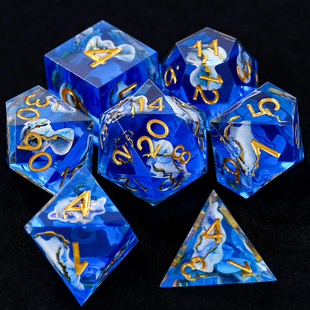 Blue Sea Star Resin Dice Set with Gold Numbers - RPG DND