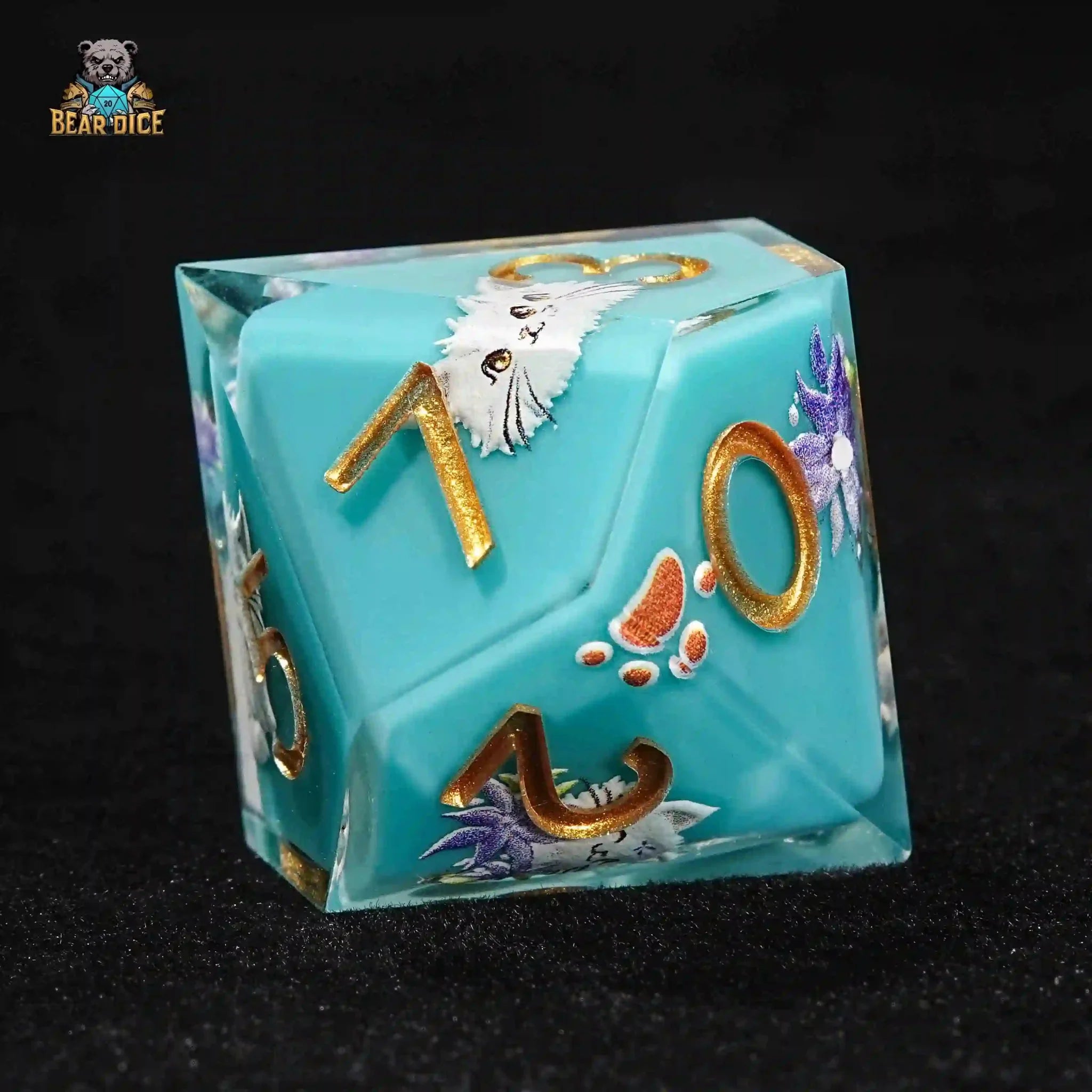 Blue Solid Resin D10 Dice - Cute Kitty Cat DND 10 Sided Dice