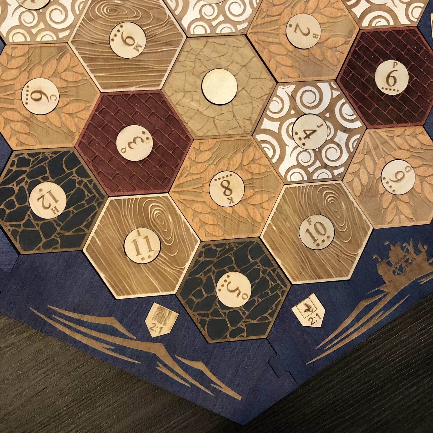 Blue Stained Catan Compatible Board Set with Laser Etched Terrain, Border and Number Pieces - Without Box