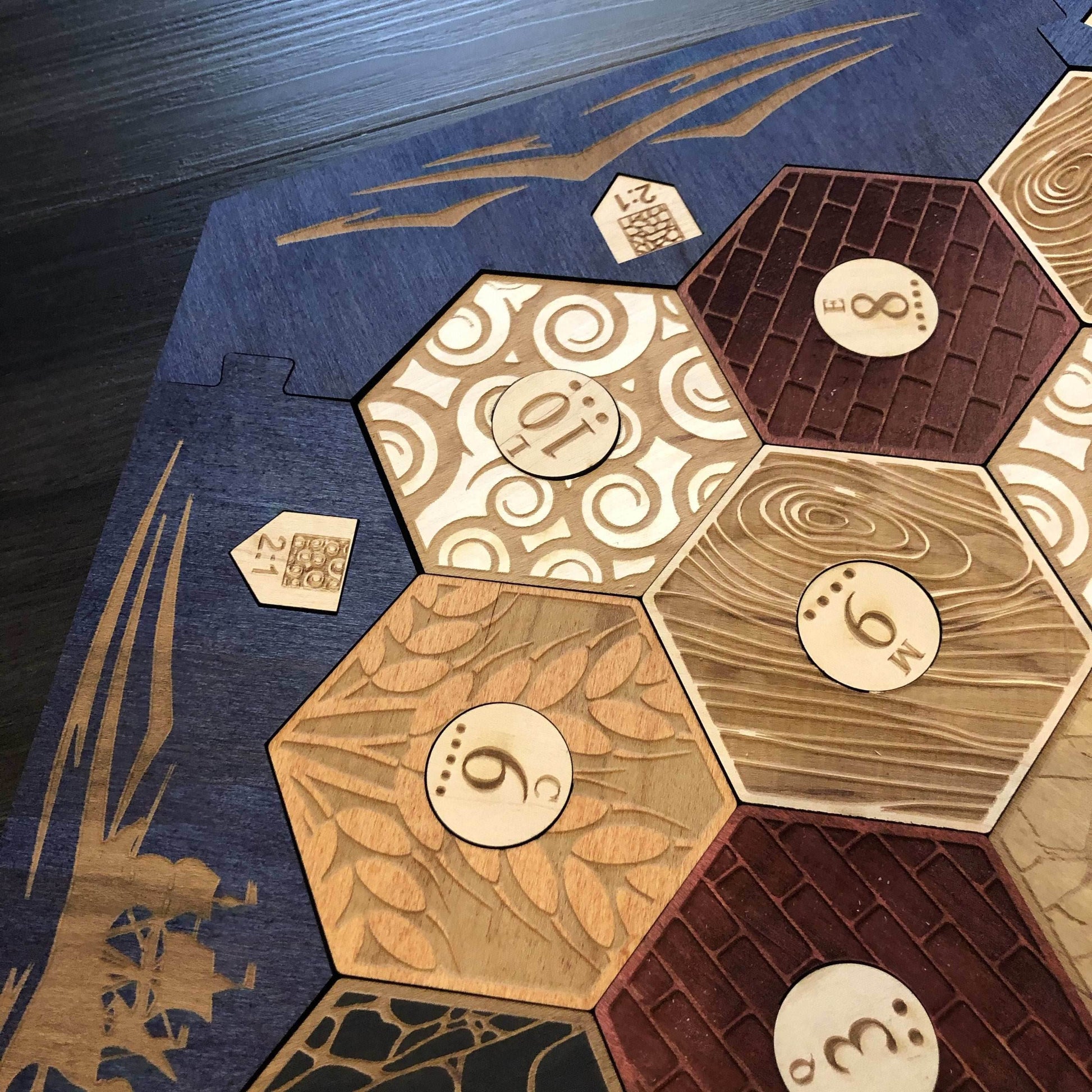 Blue Stained Catan Compatible Board Set with Laser Etched Terrain, Border and Number Pieces - Without Box