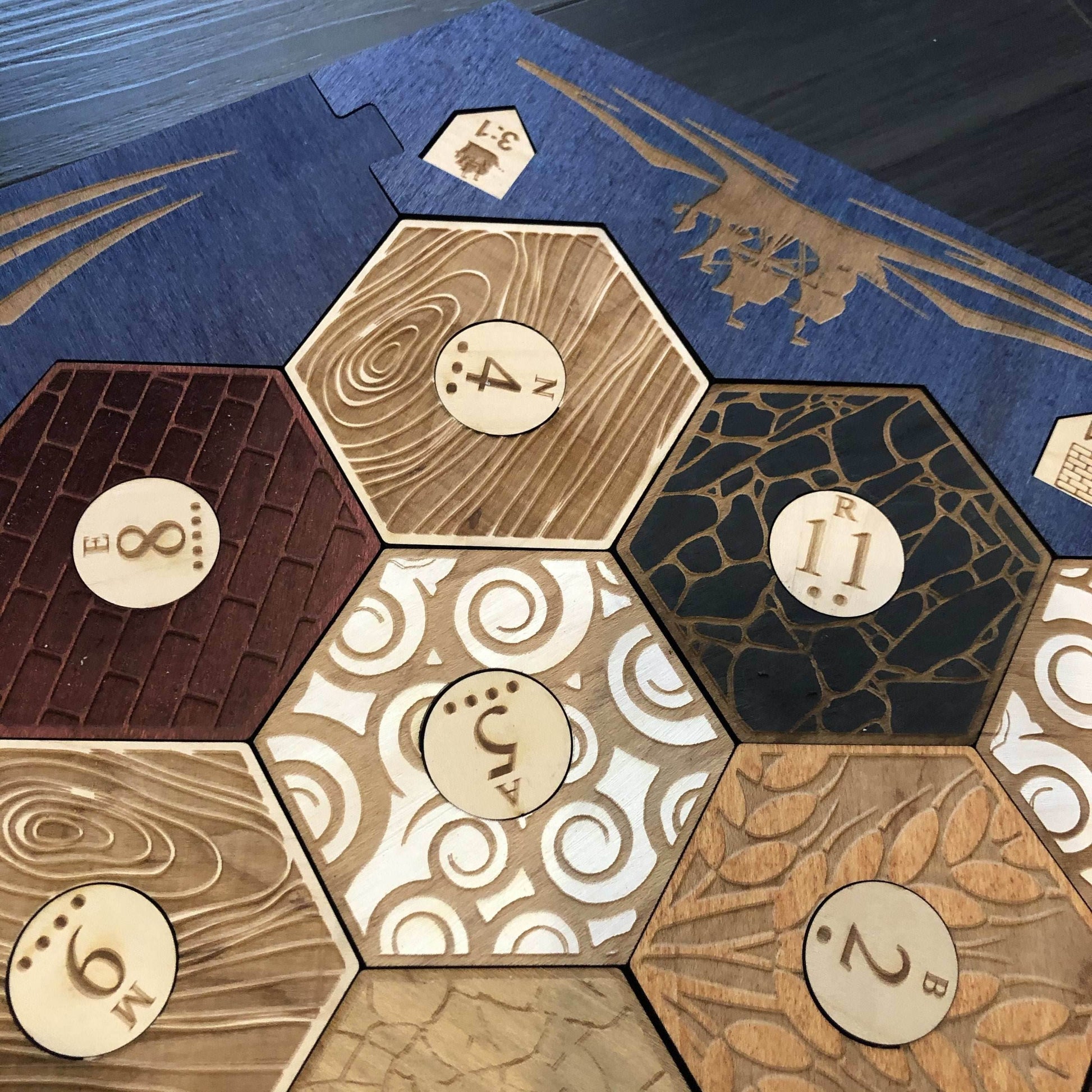 Blue Stained Catan Compatible Board Set with Laser Etched Terrain, Border and Number Pieces - Without Box