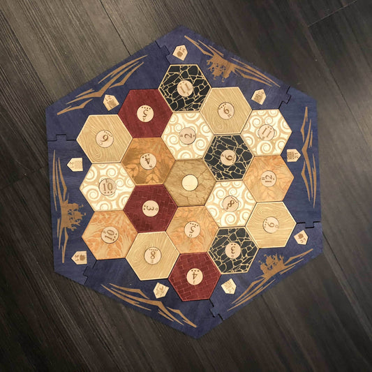 Blue Stained Catan Compatible Board Set with Laser Etched Terrain, Border and Number Pieces - Without Box