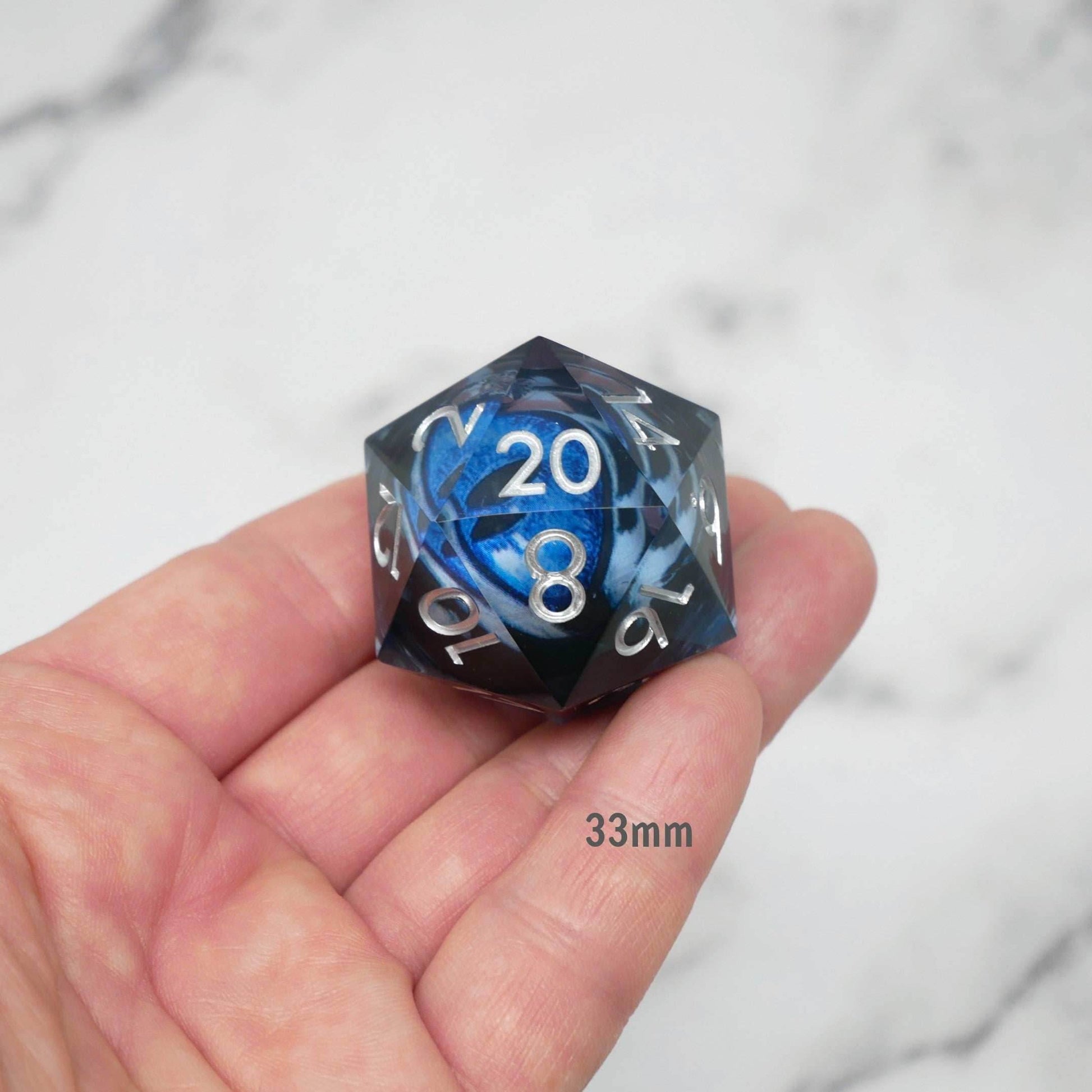 Blue Slaadi's Eye - Giant D20 Moving Eye DnD Dice | Acrylic RPG Gaming Dice - Chonk 33mm