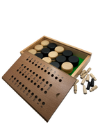 Magnetic Clasp Storage Box With  2 Pegs; Scoring Track for Std Crokinole + 28 discs (2024 Version)