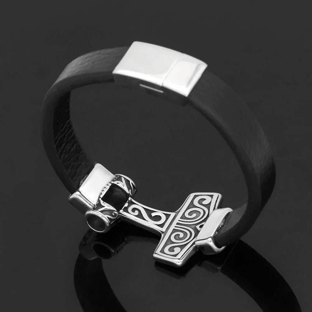 Vikings Mjolnir Stainless Steel Real Leather Bracelet - 