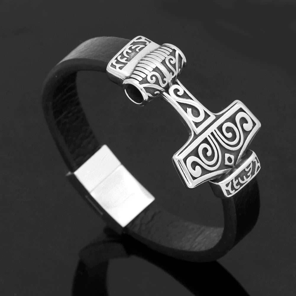 Vikings Mjolnir Stainless Steel Real Leather Bracelet - 