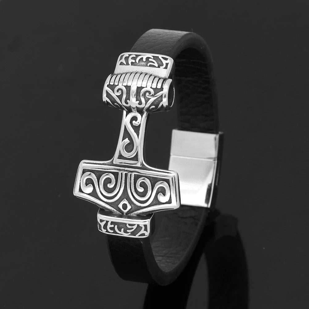 Vikings Mjolnir Stainless Steel Real Leather Bracelet - 