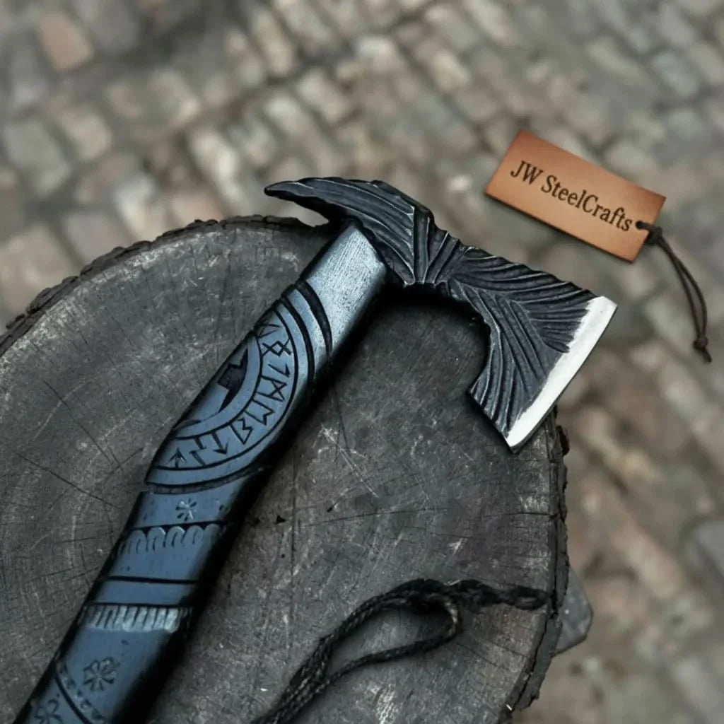 Viking-Style Hand-Carved Battle Axe | Blackened Wood Handle & Leather Sheath
