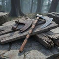 Viking-Style Skeggøx Bearded Damascus Camp Axe with Wrapped Hardwood Shaft and Leather Sheath