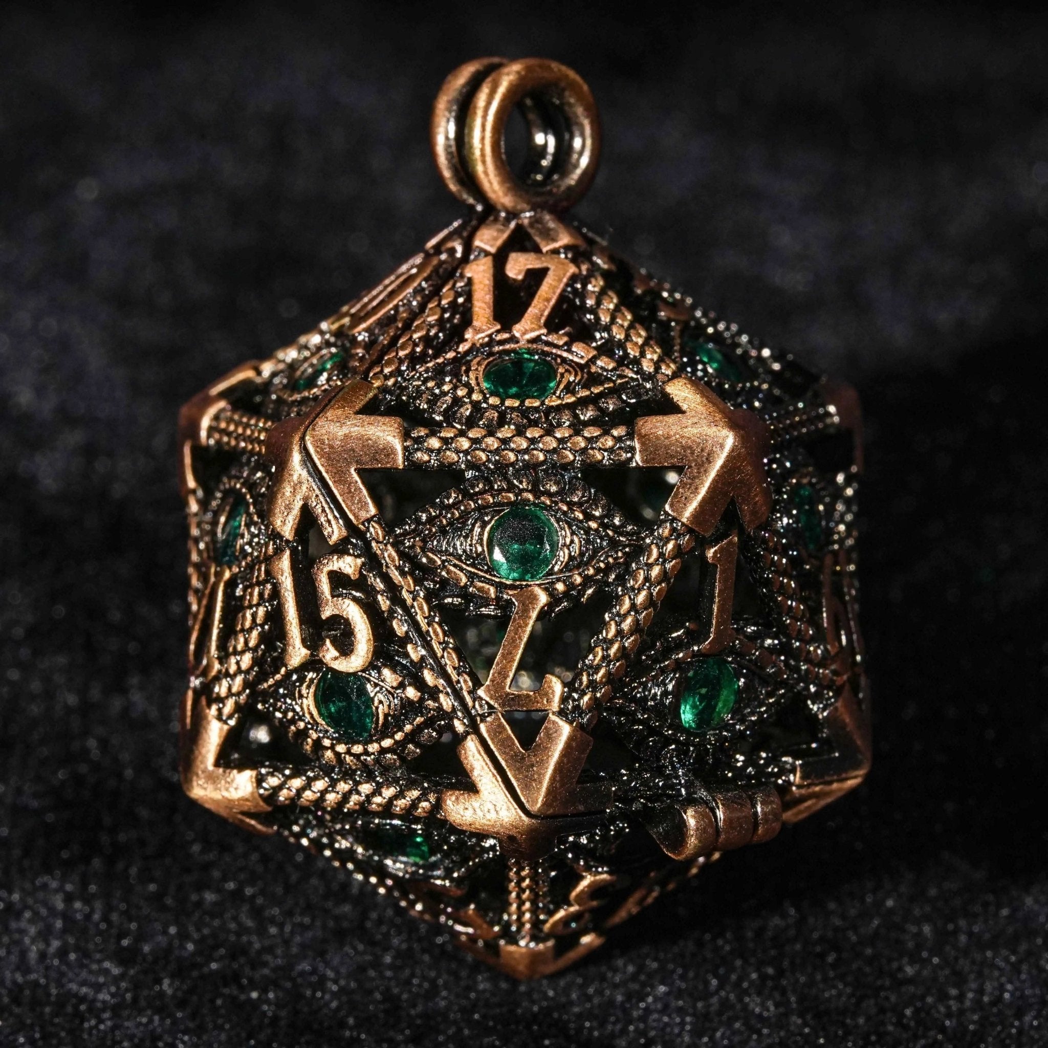 Bronze Emerald Dragon Eye Hollow Metal Dice Keychain + 7 Mini Metal DND Dice Set