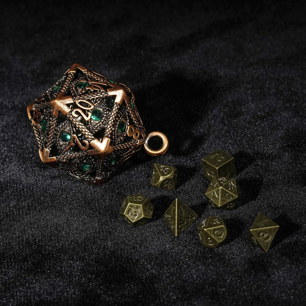 Bronze Emerald Dragon Eye Hollow Metal Dice Keychain + 7 Mini Metal DND Dice Set