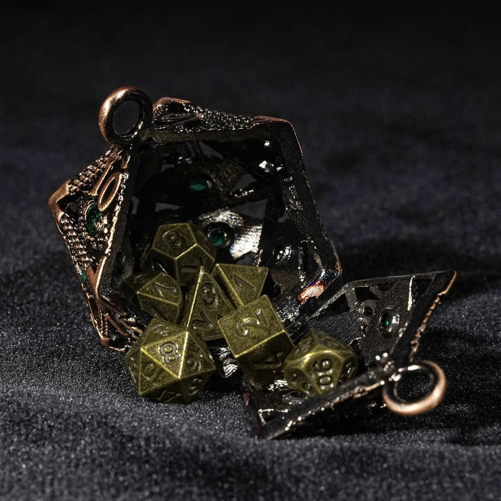 Bronze Emerald Dragon Eye Hollow Metal Dice Keychain + 7 Mini Metal DND Dice Set