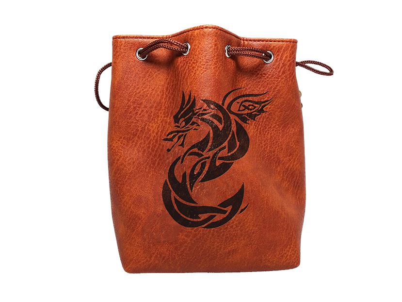 Brown Leather Lite Celtic Knot Dragon Design Self-Standing Large Dice Bag