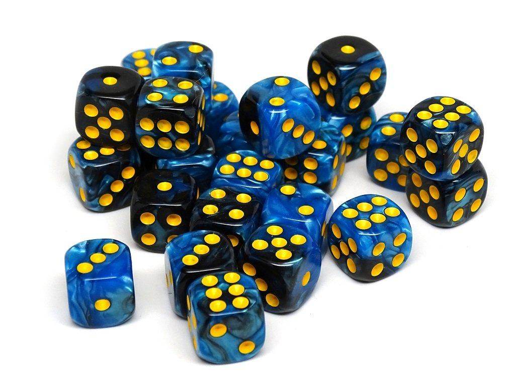 12mm D6 Dice - Blue and Black Swirl - 25 Count Bag - 