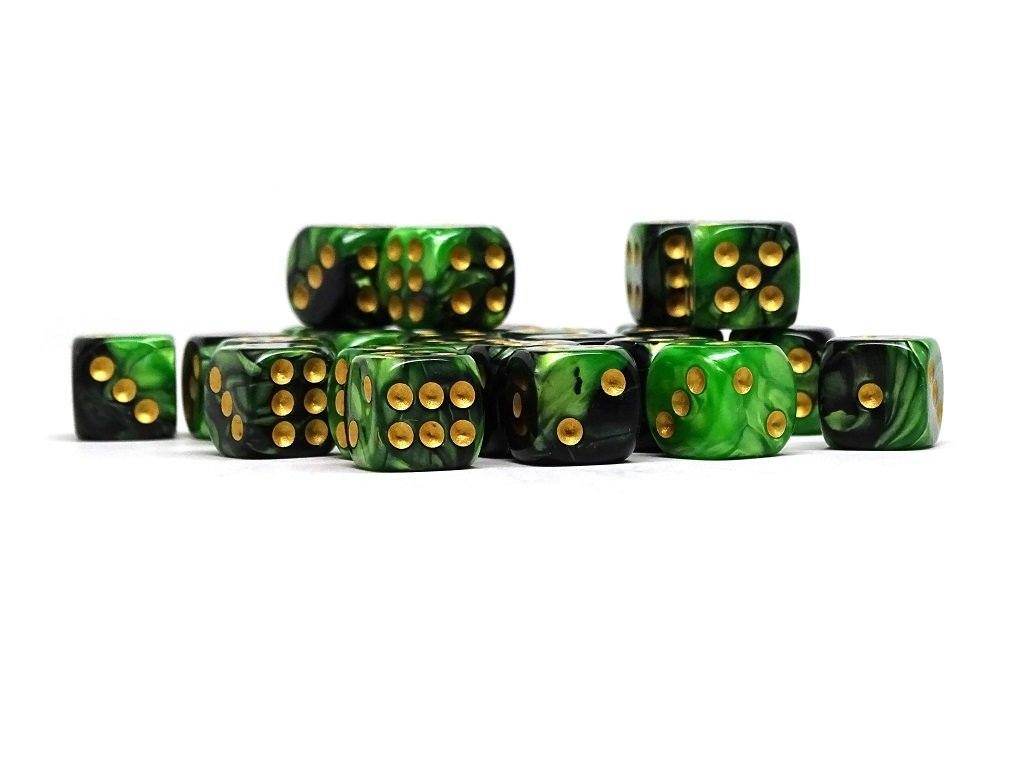 12mm D6 Dice - Green and Black Swirl - 25 Count Bag - 
