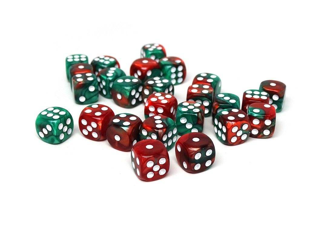 12mm D6 Dice - Green and Red Swirl - 25 Count Bag - 