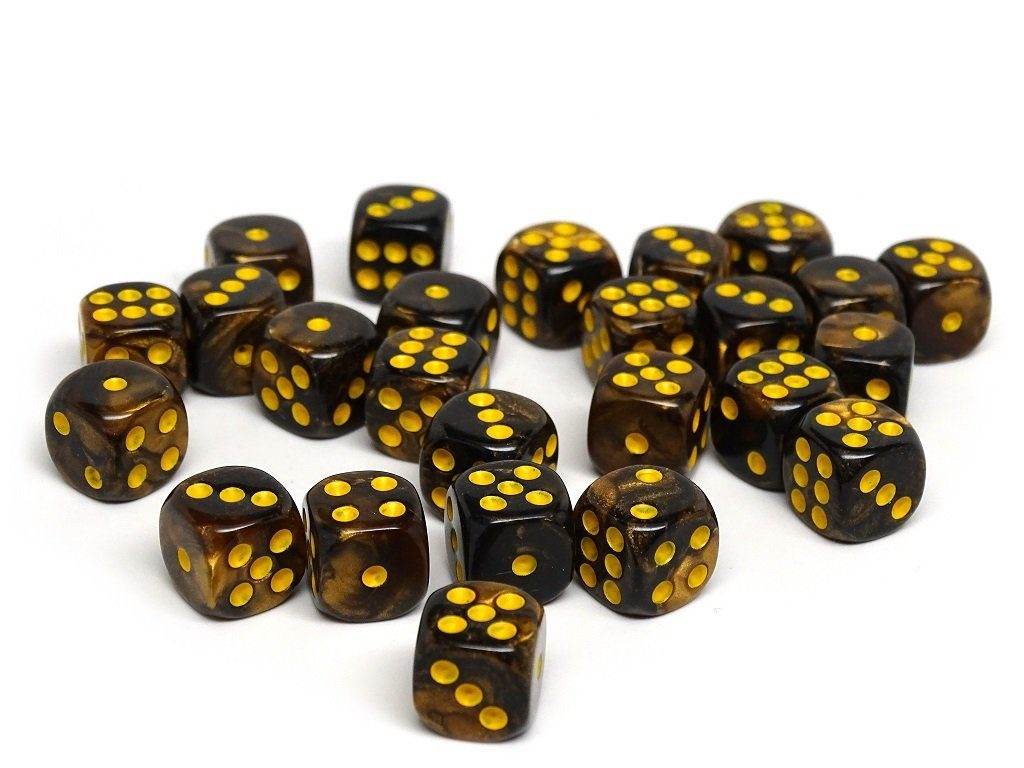 12mm D6 Dice - Yellow and Black Granite - 25 Count Bag - 