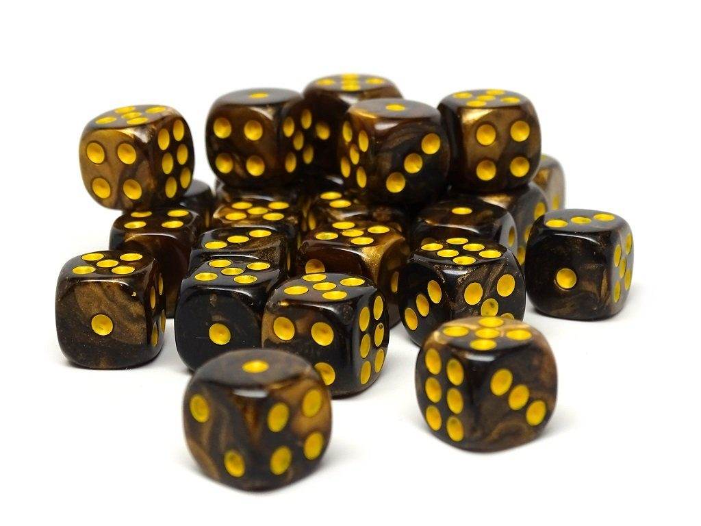 12mm D6 Dice - Yellow and Black Granite - 25 Count Bag - 