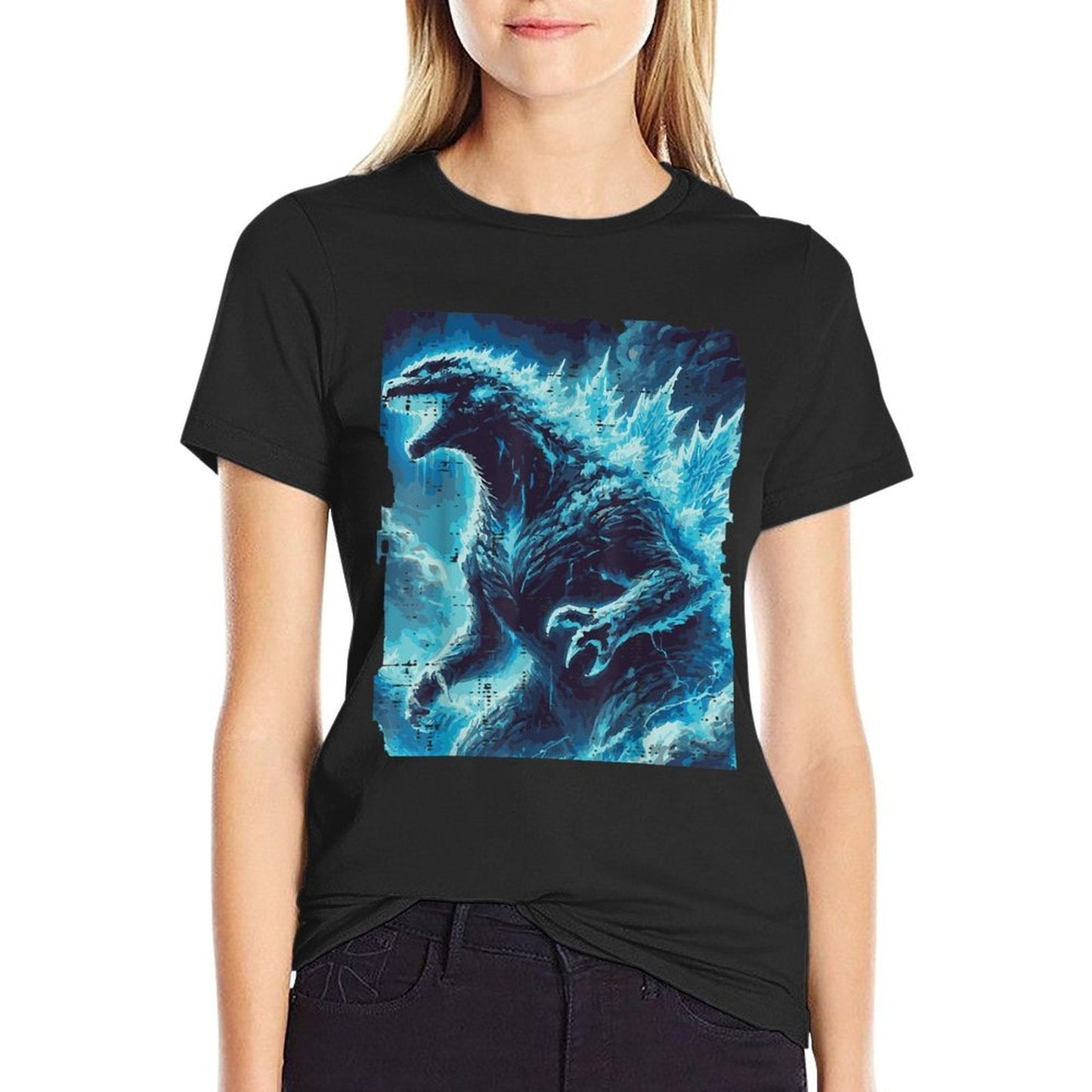 Japanese Blue Kaiju Monster Art Men Boys Kids Youthns  Rolled Sleeves T-Shirt