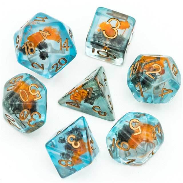 Orange & Grey Flower Dice 7-Dice Set Resin Dungeons and Dragons Dice (Gypsophila / Baby's-Breath) - 