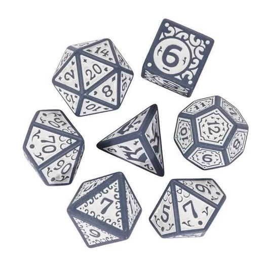 Grey with White Irregular Pattern Fill: 7-Piece Acrylic Dice Set - 