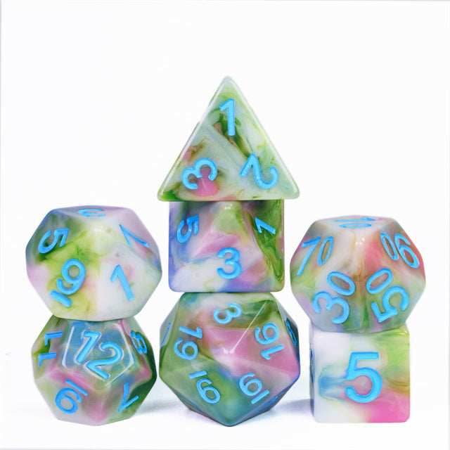 Earthly 4-Color 7-Dice Dnd Dice | Green White Green w/Blue Numbers Set - 