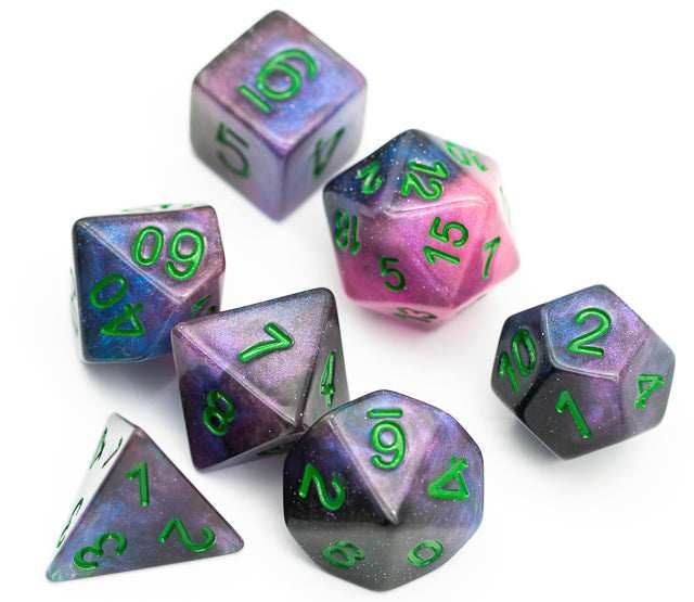 Purple & Blue w/green Galaxy Glitter 7-Dice Set RPG - 