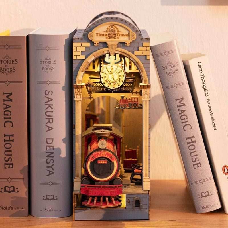 DIY Wooden Book Nook Kit – Sakura Densya Miniature Dollhouse with LED Light - D