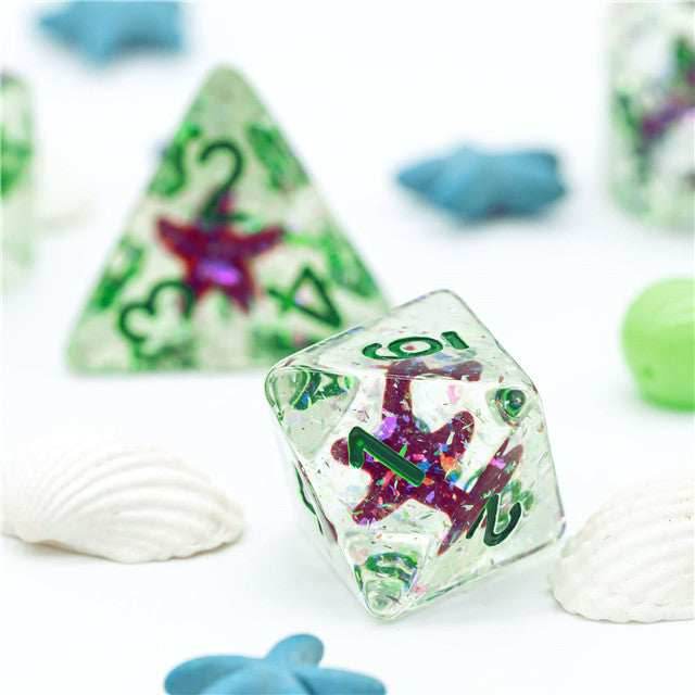 Green w/Purple Starfish Dice 7-Dice Set Resin Dungeons and Dragons Dice - 
