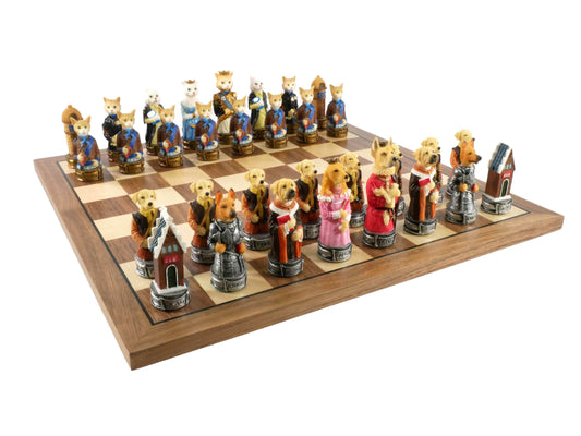 Chess Set - Cats & Dogs Resin Men on Walnut Maple Board - 