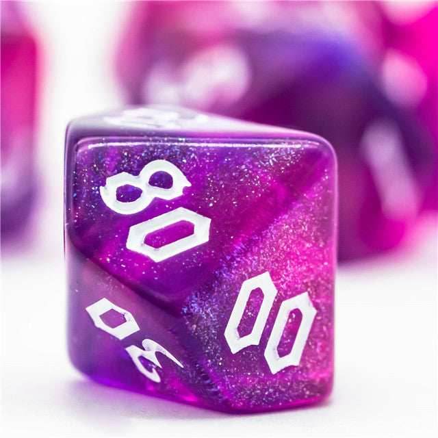 Purple + Red Glitter Party Dice (White font) 7-Dice Set RPG DND - 