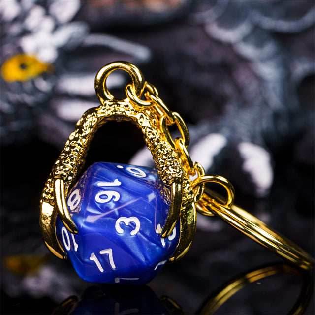 Claw Blue D20 Keychain Featuring Gold Metal Dragon Claw + d20 - 
