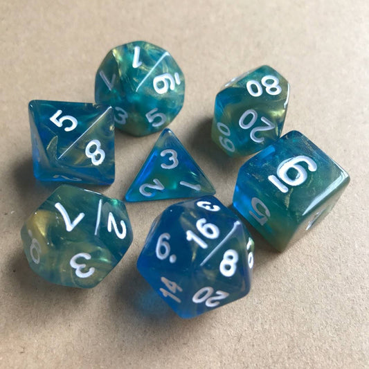Dice - Multi-faceted Transparent Blue Floating Gold Dice Acrylic Digital DND