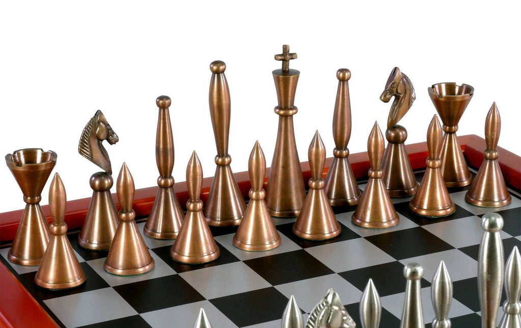 Chess Set - Brass Art Deco with Cherry Stained Chest - 