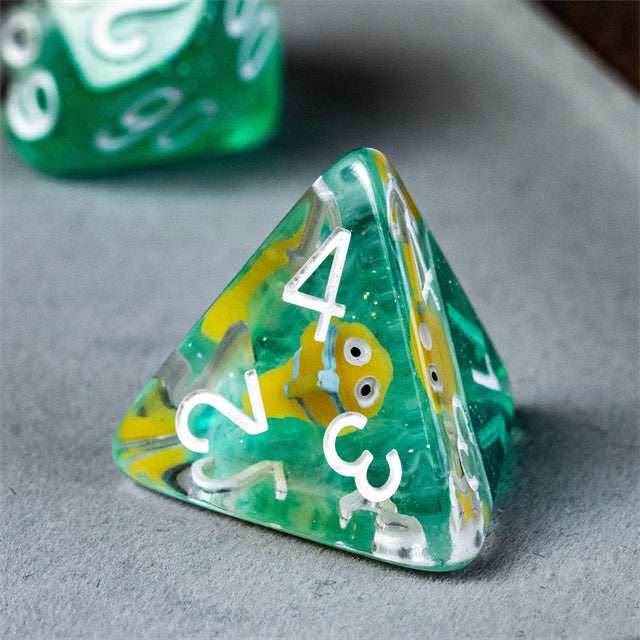 Gold Fish Green 7-Dice Dnd Dice | Glitter w/White Numbers Set - 