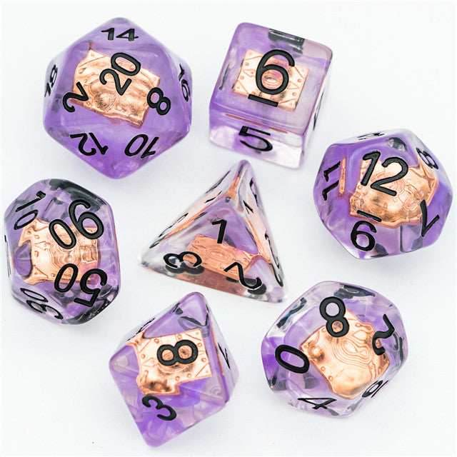 Warlock (Magic Book) Clear Purple Dice w/ Golden Book 7-Dice Set Rpg - 